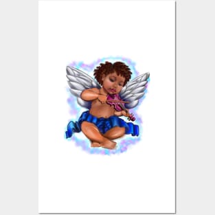 Black Angel child playing the violin - Serene sun kissed curly haired Baby cherub angel classical art Posters and Art